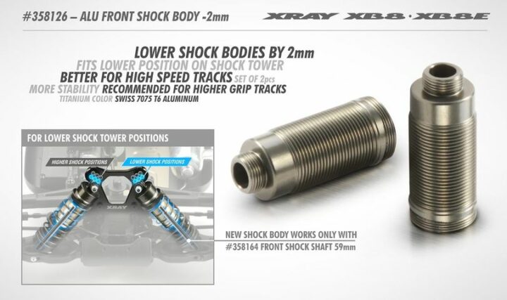 XB8 ALU Stossdämpfergehäuse FRONT -2MM (2) XRAY 358126 – Bild 2